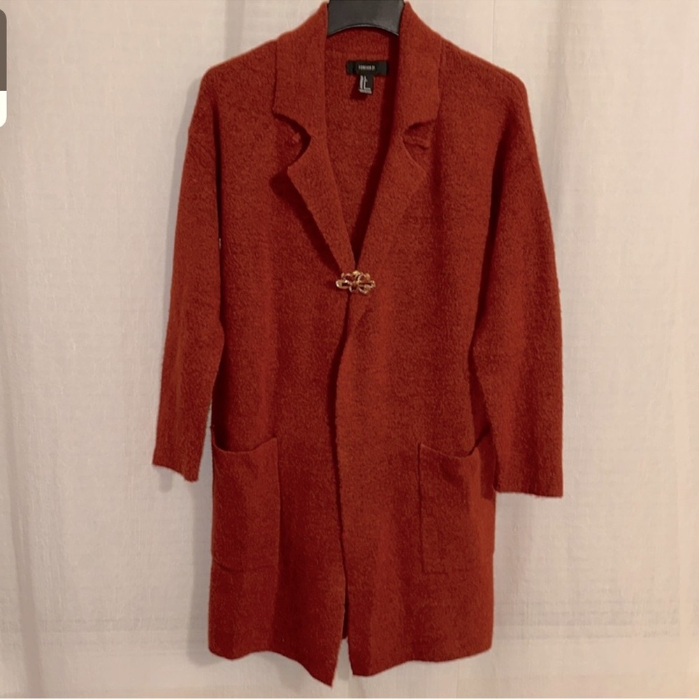 F21 S Oversized Rust Tomato Red Open Front Collared Knit Long Cardigan Duster